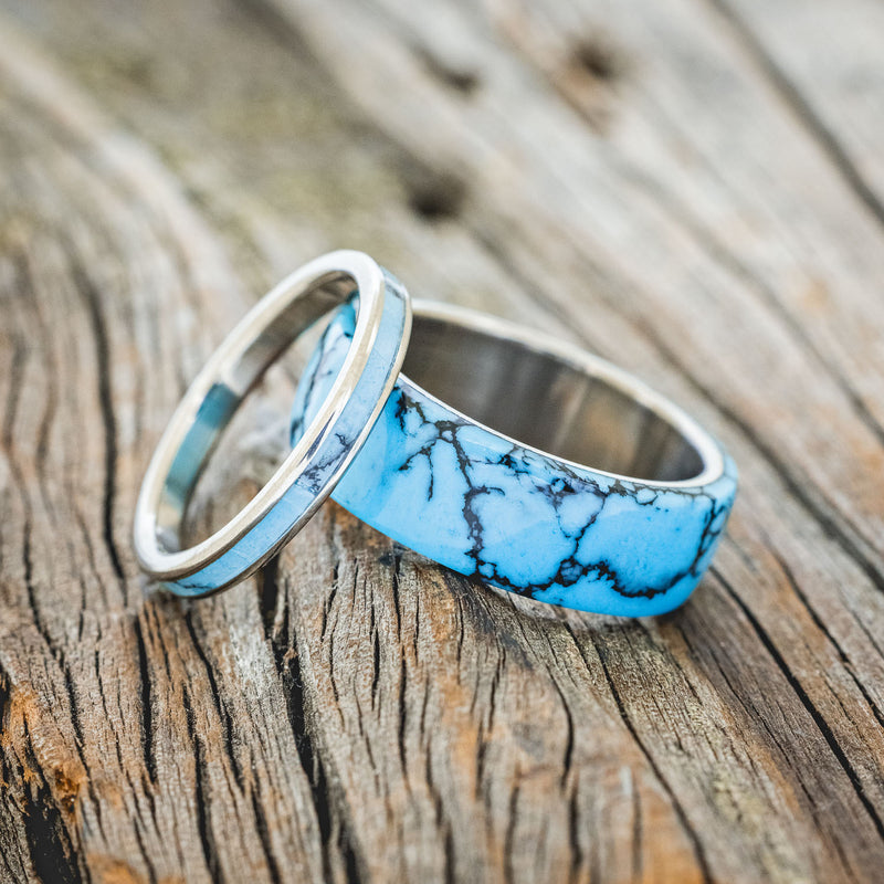 "HAVEN" - MATCHING SET OF TURQUOISE & BLACK MATRIX TRUSTONE WEDDING BANDS-1