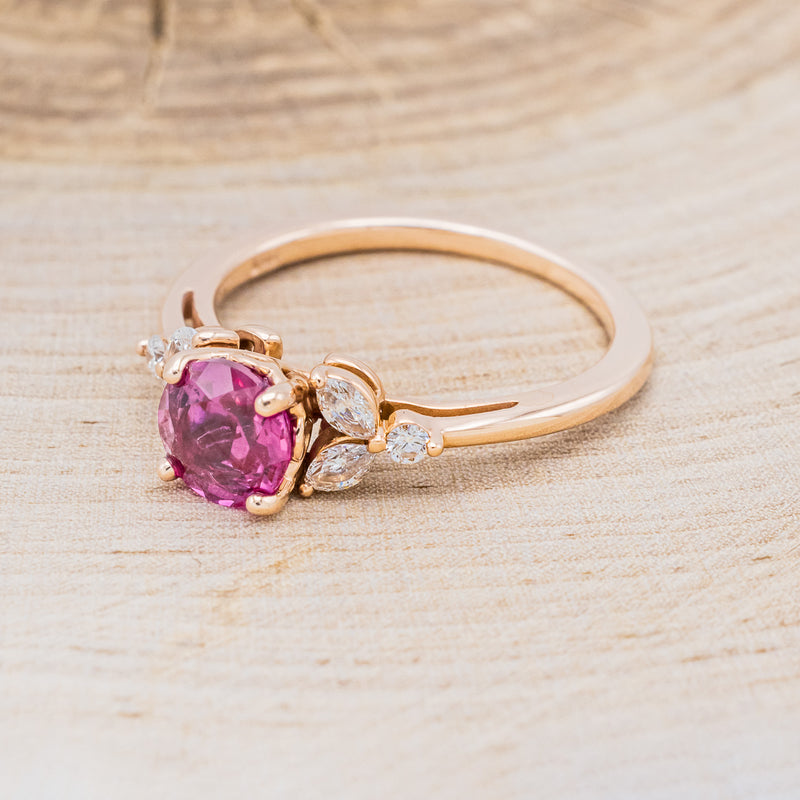 "BLOSSOM" - ROUND CUT LAB-GROWN RUBY ENGAGEMENT RING WITH LEAF-SHAPED DIAMOND ACCENTS-3