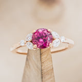 "BLOSSOM" - ROUND CUT LAB-GROWN RUBY ENGAGEMENT RING WITH LEAF-SHAPED DIAMOND ACCENTS-1