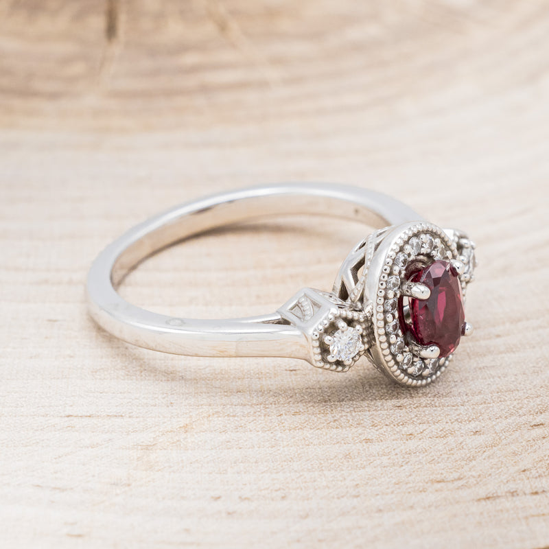 "AMELIA" - OVAL LAB-GROWN RUBY ENGAGEMENT RING WITH DIAMOND HALO & ACCENTS - 14K WHITE GOLD - SIZE 6 3/4