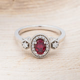 "AMELIA" - OVAL LAB-GROWN RUBY ENGAGEMENT RING WITH DIAMOND HALO & ACCENTS - 14K WHITE GOLD - SIZE 6 3/4-4