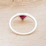Shown here is "Jenny From The Block", a dainty-style triangle lab-created ruby women's engagement ring, back view. Many other center stone options are available upon request.