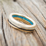 "COSMO" - AFRICAN BLACK WOOD & FIRE AND ICE OPAL WEDDING RING FEATURING A BLUE OPAL LINED 14K GOLD BAND-4