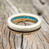 "COSMO" - AFRICAN BLACK WOOD & FIRE AND ICE OPAL WEDDING RING FEATURING A BLUE OPAL LINED 14K GOLD BAND-5