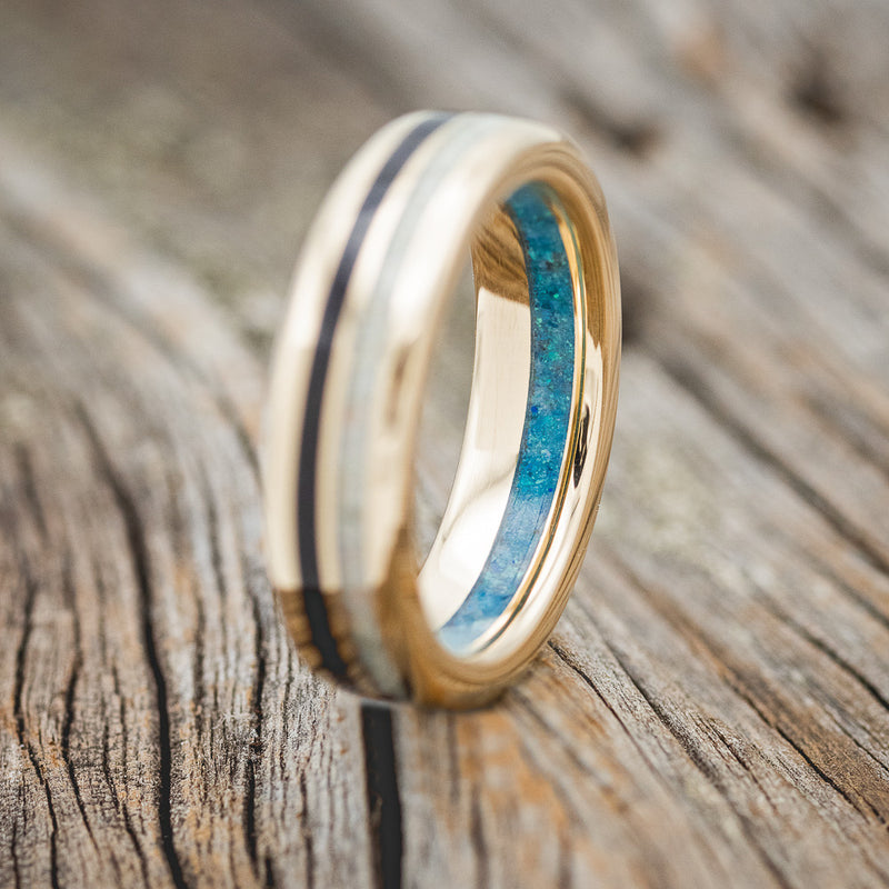 "COSMO" - AFRICAN BLACK WOOD & FIRE AND ICE OPAL WEDDING RING FEATURING A BLUE OPAL LINED 14K GOLD BAND-2