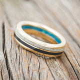 "COSMO" - AFRICAN BLACK WOOD & FIRE AND ICE OPAL WEDDING RING FEATURING A BLUE OPAL LINED 14K GOLD BAND-3