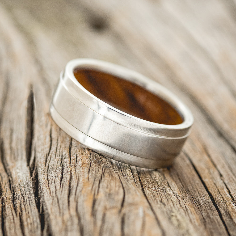 "SEDONA" - RAISED CENTER WEDDING RING WITH AN IRONWOOD LINED BAND - READY TO SHIP-3