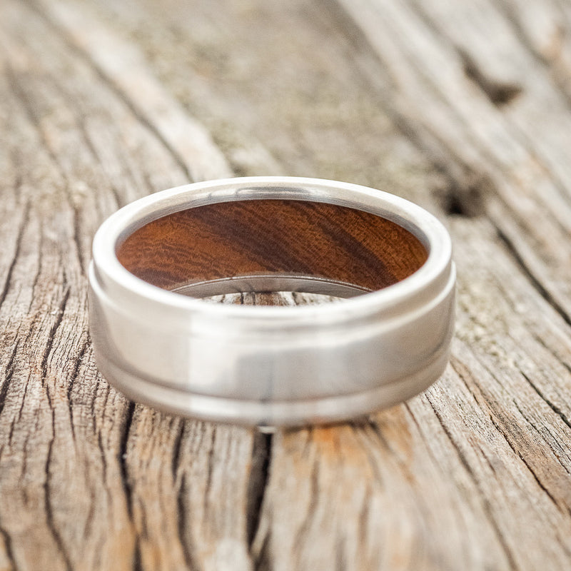 "SEDONA" - RAISED CENTER WEDDING RING WITH AN IRONWOOD LINED BAND - READY TO SHIP-6