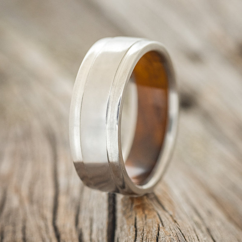 "SEDONA" - RAISED CENTER WEDDING RING WITH AN IRONWOOD LINED BAND - READY TO SHIP-1