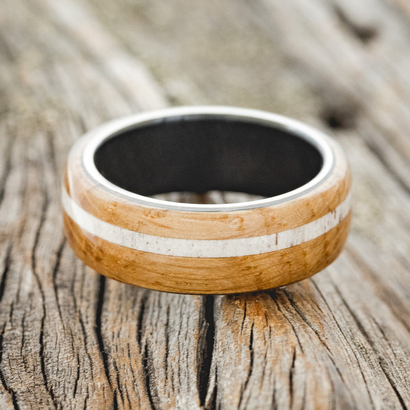 "REMMY" - WHISKEY BARREL OAK & ANTLER WEDDING BAND - READY TO SHIP-3