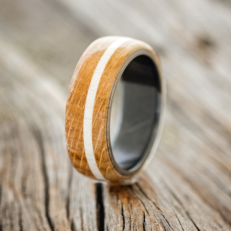 "REMMY" - WHISKEY BARREL OAK & ANTLER WEDDING BAND - READY TO SHIP-1