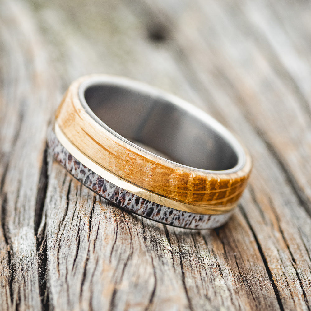 "GOLDEN" - WHISKEY BARREL OAK, ANTLER & 14K GOLD WEDDING RING-2