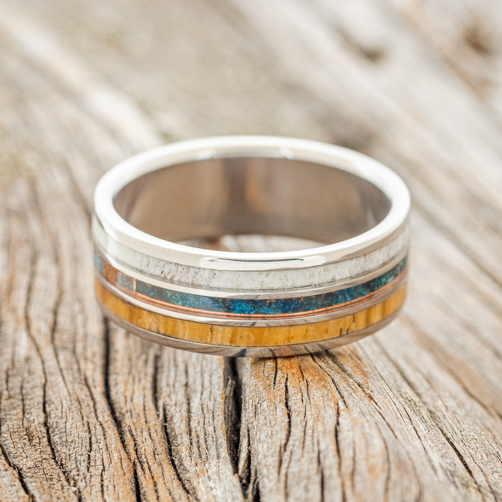 "RIO" - ANTLER, PATINA COPPER, & SPALTED MAPLE WEDDING BAND-6