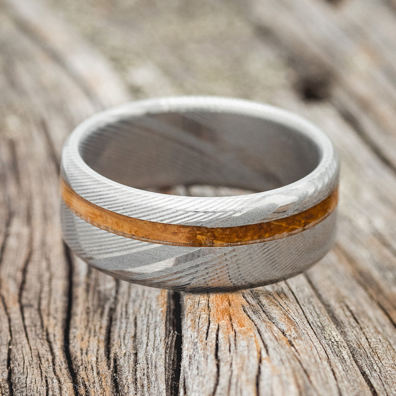 "VERTIGO" - WHISKEY BARREL OAK WEDDING BAND - DAMASCUS STEEL - SIZE 11 1/2-3