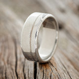 DAMASCUS STEEL WEDDING BAND WITH OFFSET CUT ETCHING - READY TO SHIP