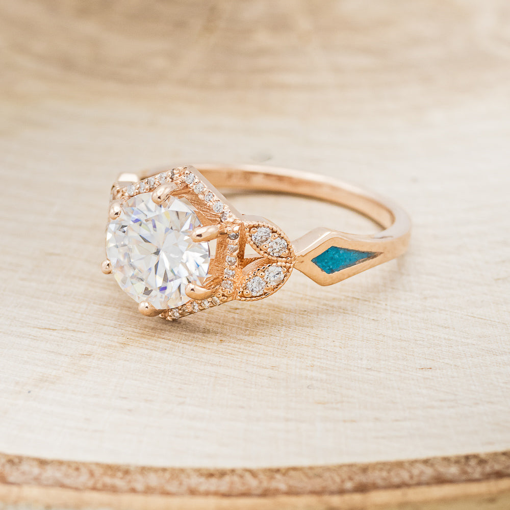 "LUCY IN THE SKY" - ROUND CUT MOISSANITE ENGAGEMENT RING WITH DIAMOND HALO & TURQUOISE INLAYS-9
