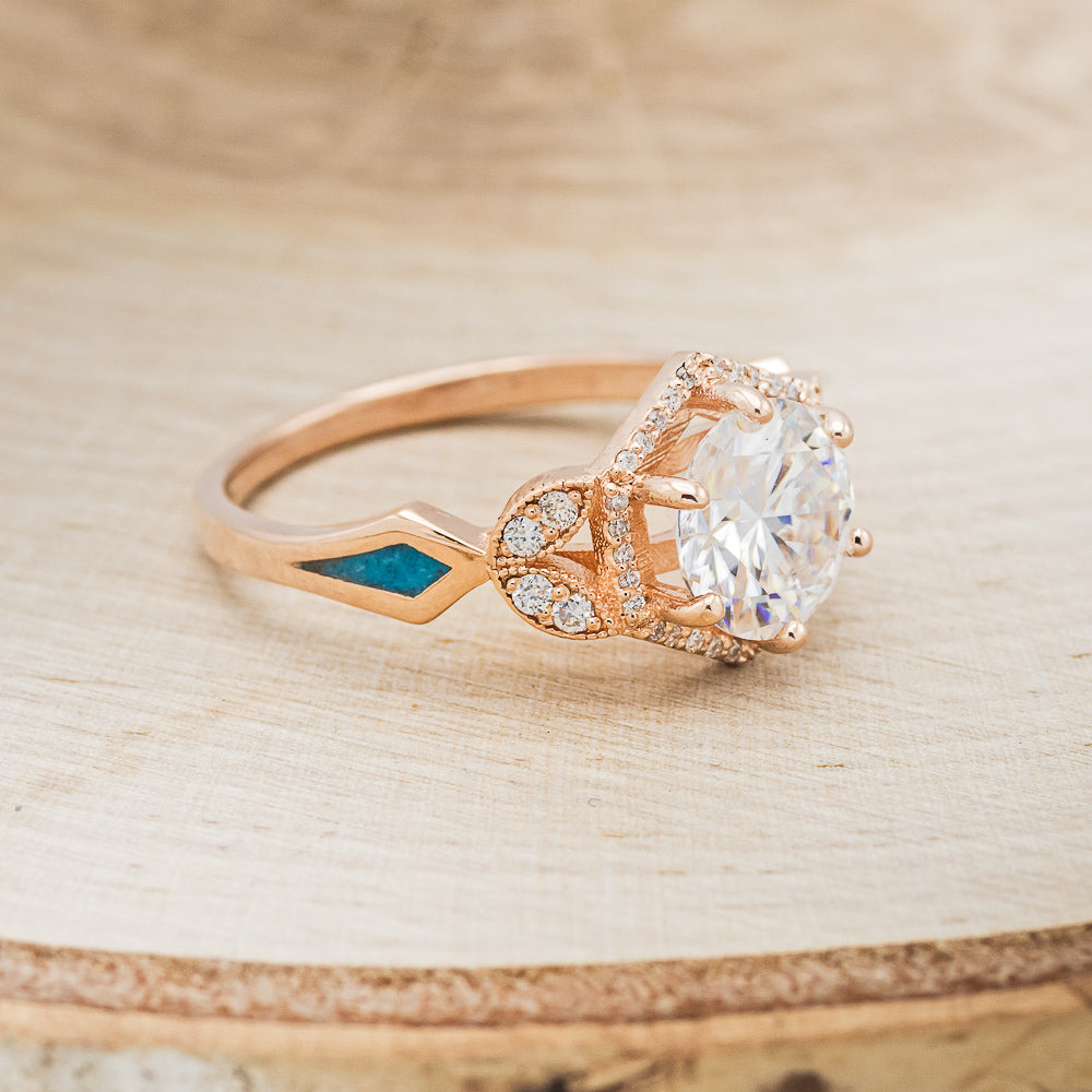 "LUCY IN THE SKY" - ROUND CUT MOISSANITE ENGAGEMENT RING WITH DIAMOND HALO & TURQUOISE INLAYS-8