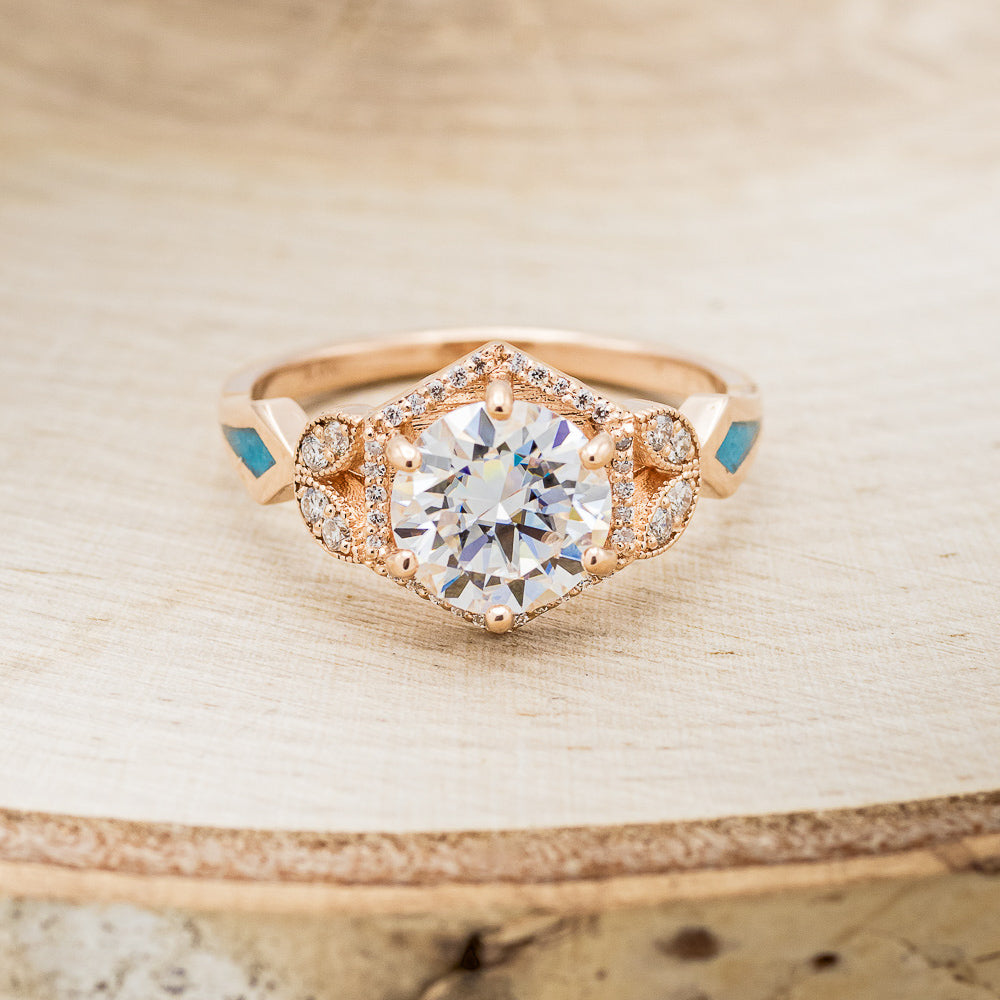 "LUCY IN THE SKY" - ROUND CUT MOISSANITE ENGAGEMENT RING WITH DIAMOND HALO & TURQUOISE INLAYS-10
