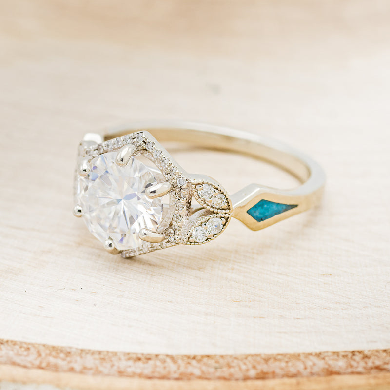 "LUCY IN THE SKY" - ROUND CUT MOISSANITE ENGAGEMENT RING WITH DIAMOND HALO & TURQUOISE INLAYS