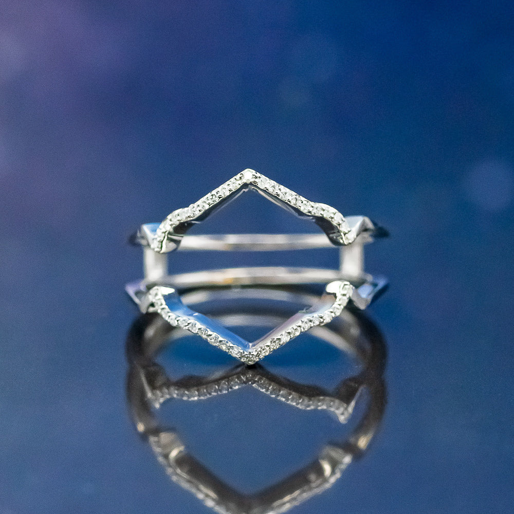 "LUCY IN THE SKY" - ROUND CUT MOISSANITE ENGAGEMENT RING WITH DIAMOND HALO, TURQUOISE INLAYS & A DIAMOND RING GUARD-12