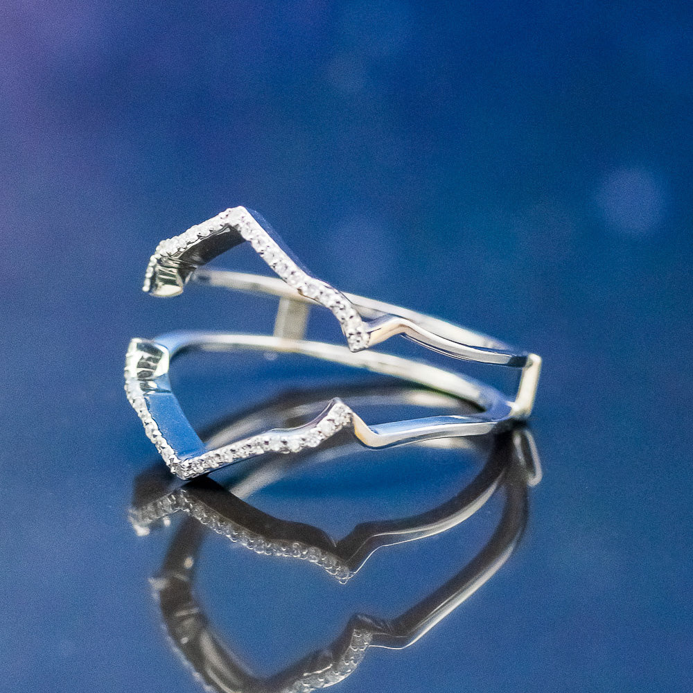 "LUCY IN THE SKY" - ROUND CUT MOISSANITE ENGAGEMENT RING WITH DIAMOND HALO, TURQUOISE INLAYS & A DIAMOND RING GUARD-14