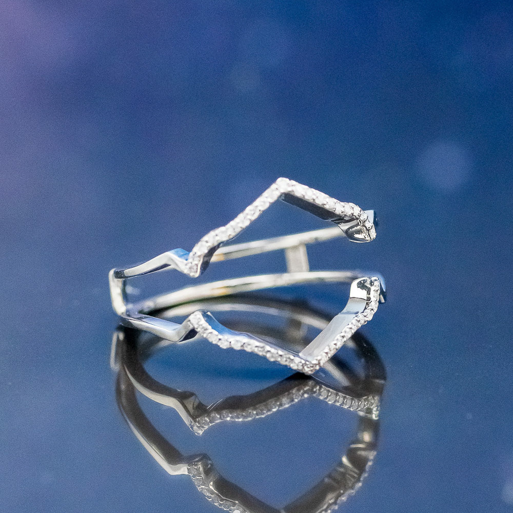 "LUCY IN THE SKY" - ROUND CUT MOISSANITE ENGAGEMENT RING WITH DIAMOND HALO, TURQUOISE INLAYS & A DIAMOND RING GUARD-11