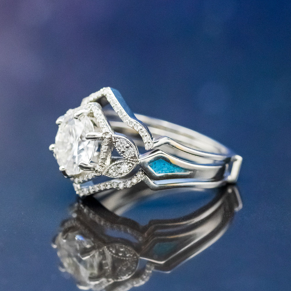 "LUCY IN THE SKY" - ROUND CUT MOISSANITE ENGAGEMENT RING WITH DIAMOND HALO, TURQUOISE INLAYS & A DIAMOND RING GUARD-3