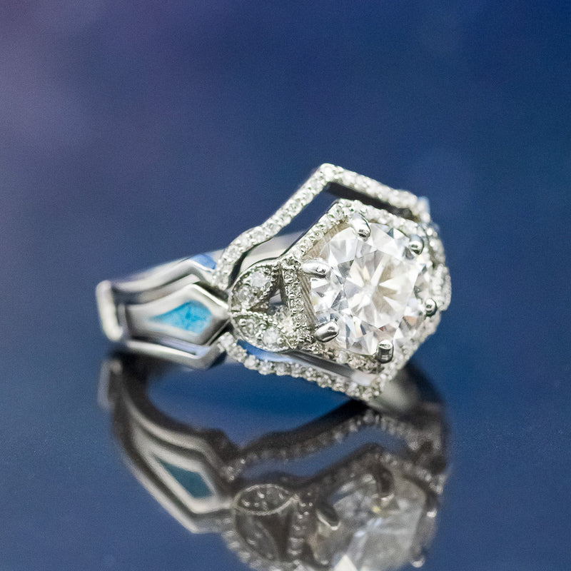 "LUCY IN THE SKY" - ROUND CUT MOISSANITE ENGAGEMENT RING WITH DIAMOND HALO, TURQUOISE INLAYS & A DIAMOND RING GUARD
