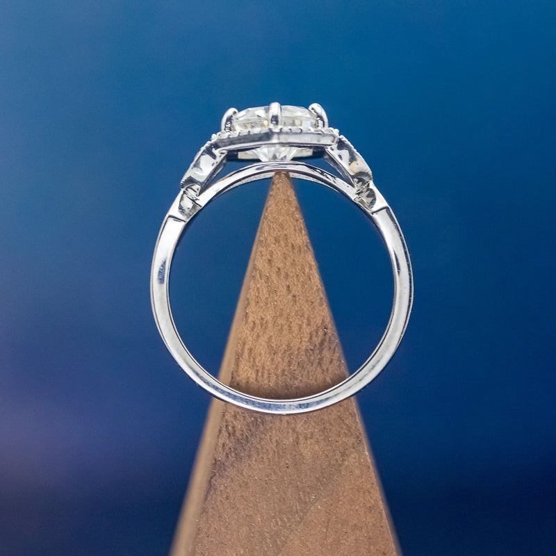 "LUCY IN THE SKY" - ROUND CUT MOISSANITE ENGAGEMENT RING WITH DIAMOND HALO, TURQUOISE INLAYS & A DIAMOND RING GUARD