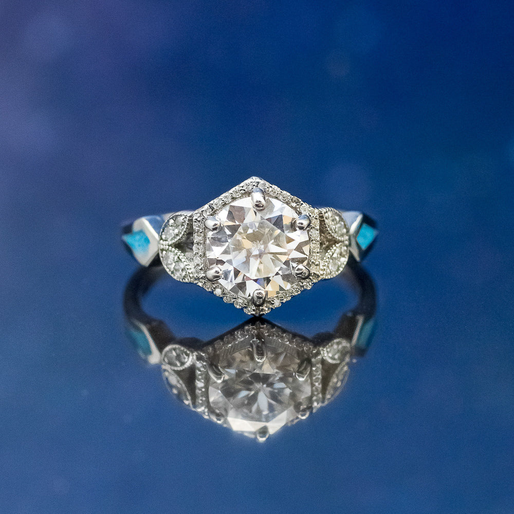 "LUCY IN THE SKY" - ROUND CUT MOISSANITE ENGAGEMENT RING WITH DIAMOND HALO, TURQUOISE INLAYS & A DIAMOND RING GUARD-10