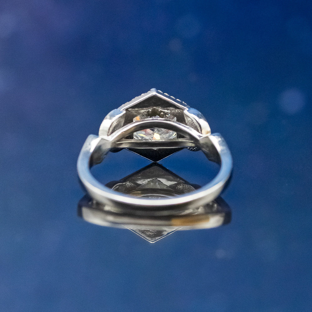 "LUCY IN THE SKY" - ROUND CUT MOISSANITE ENGAGEMENT RING WITH DIAMOND HALO, TURQUOISE INLAYS & A DIAMOND RING GUARD-13