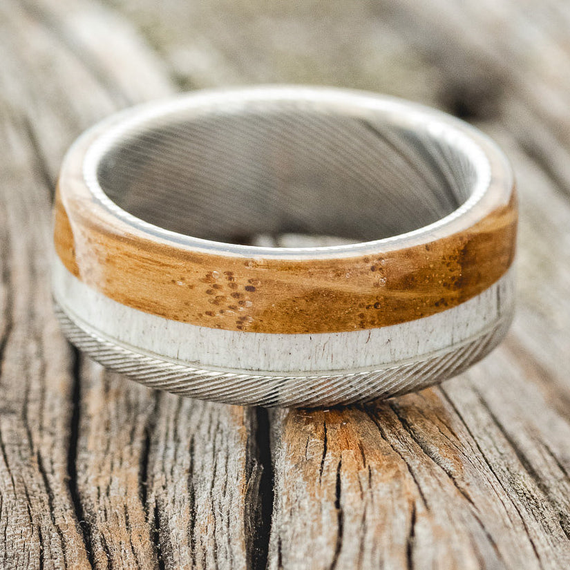 "EZRA" - WHISKEY BARREL OAK & ANTLER WEDDING BAND-3