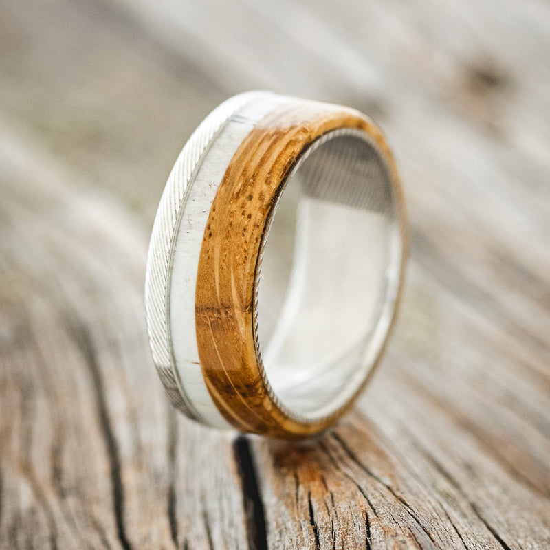 "EZRA" - WHISKEY BARREL OAK & ANTLER WEDDING BAND - READY TO SHIP-1