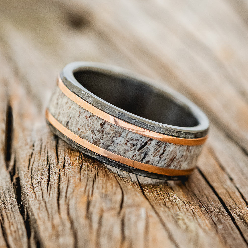 "HOLLIS" - ANTLER & 14K GOLD INLAYS WEDDING RING WITH A HAMMERED FINISH-5