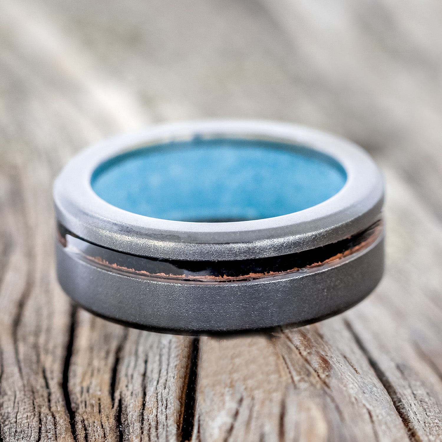 "VERTIGO" - PATINA COPPER INLAY WEDDING RING FEATURING A TURQUOISE LINING & SANDBLASTED FINISH-10