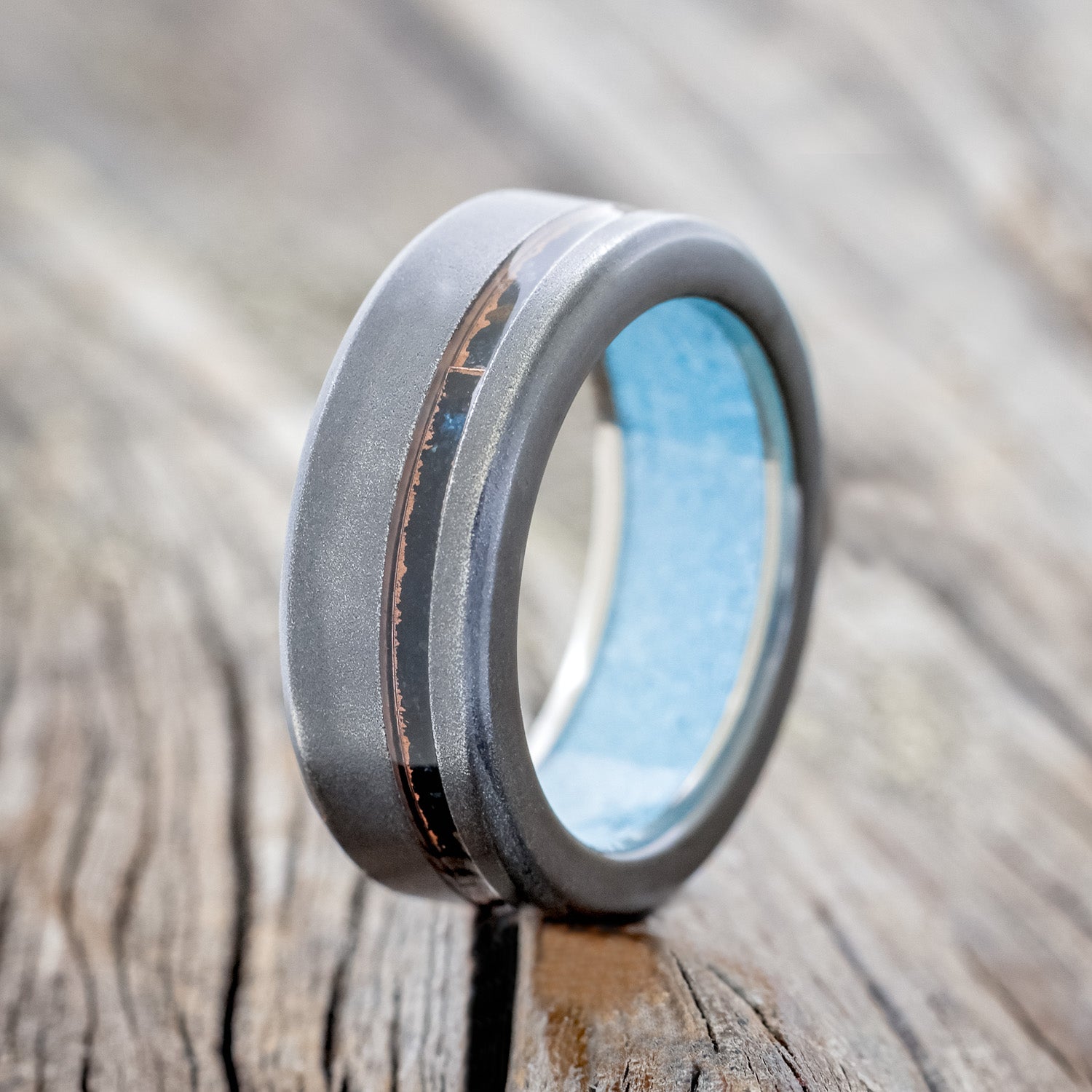 "VERTIGO" - PATINA COPPER INLAY WEDDING RING FEATURING A TURQUOISE LINING & SANDBLASTED FINISH-7