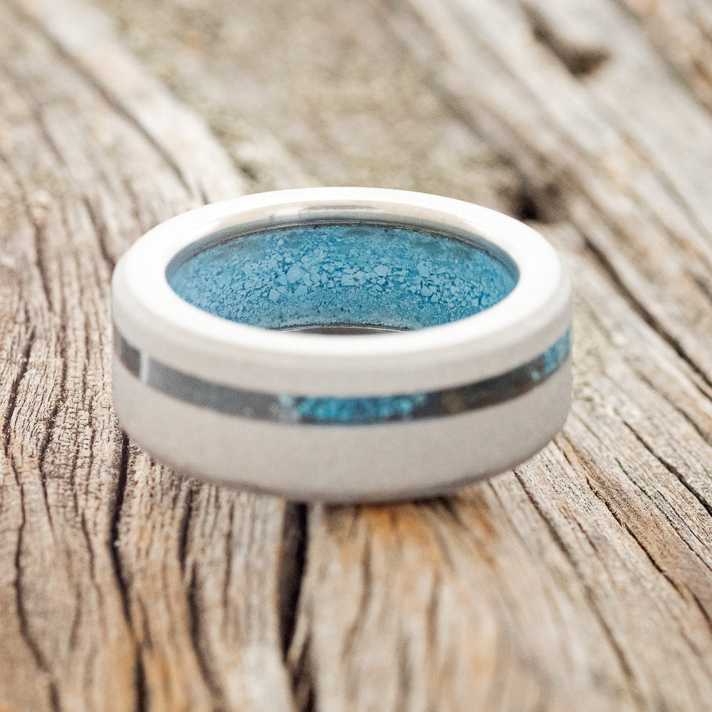 "VERTIGO" - PATINA COPPER INLAY WEDDING RING FEATURING A TURQUOISE LINING & SANDBLASTED FINISH-6