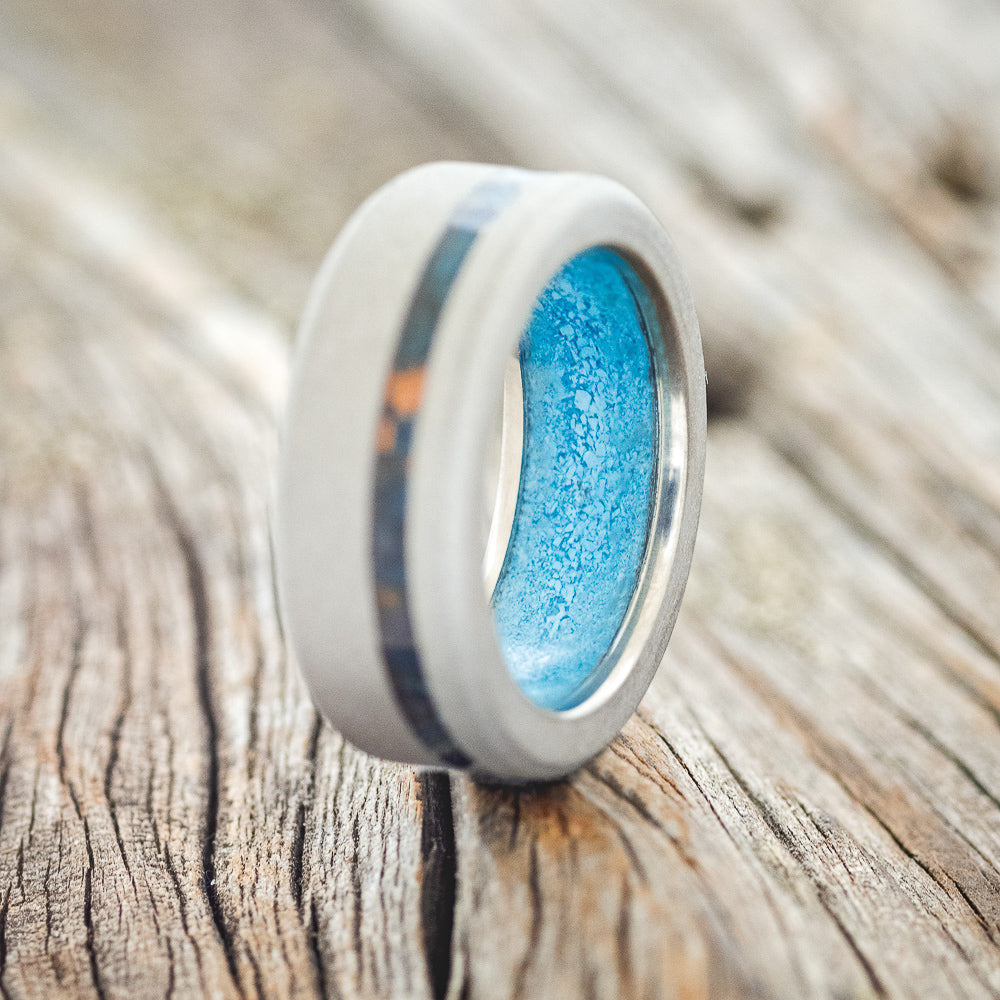 "VERTIGO" - PATINA COPPER INLAY WEDDING RING FEATURING A TURQUOISE LINING & SANDBLASTED FINISH-2