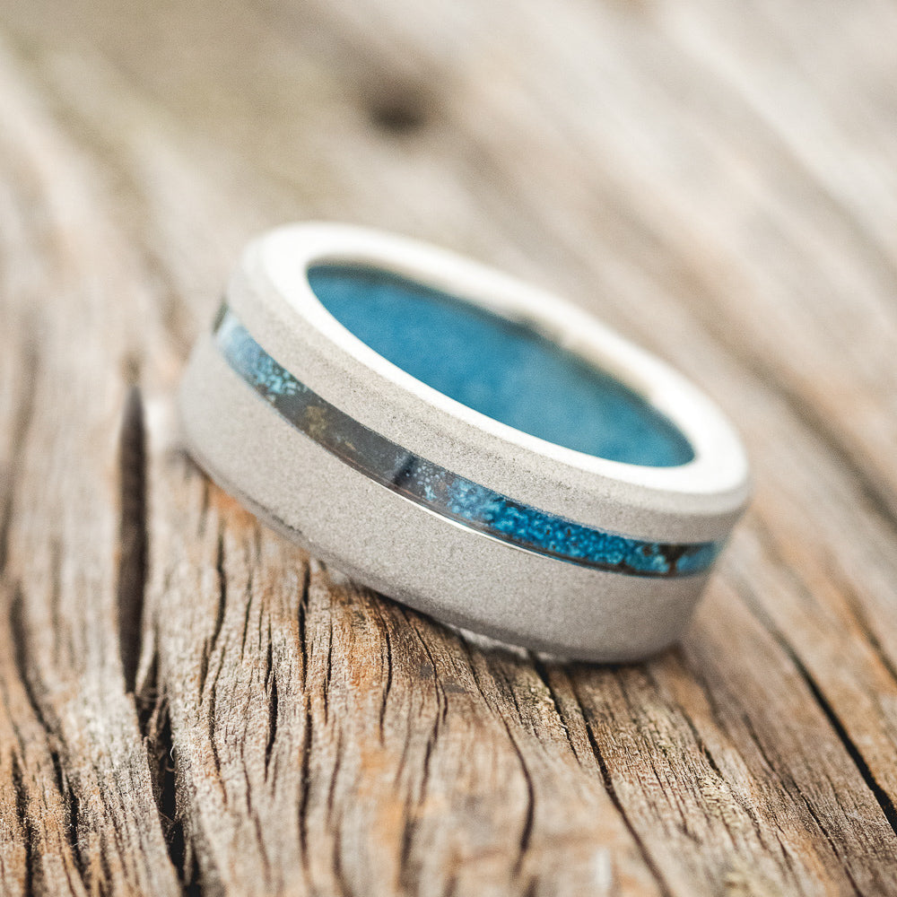 "VERTIGO" - PATINA COPPER INLAY WEDDING RING FEATURING A TURQUOISE LINING & SANDBLASTED FINISH-3