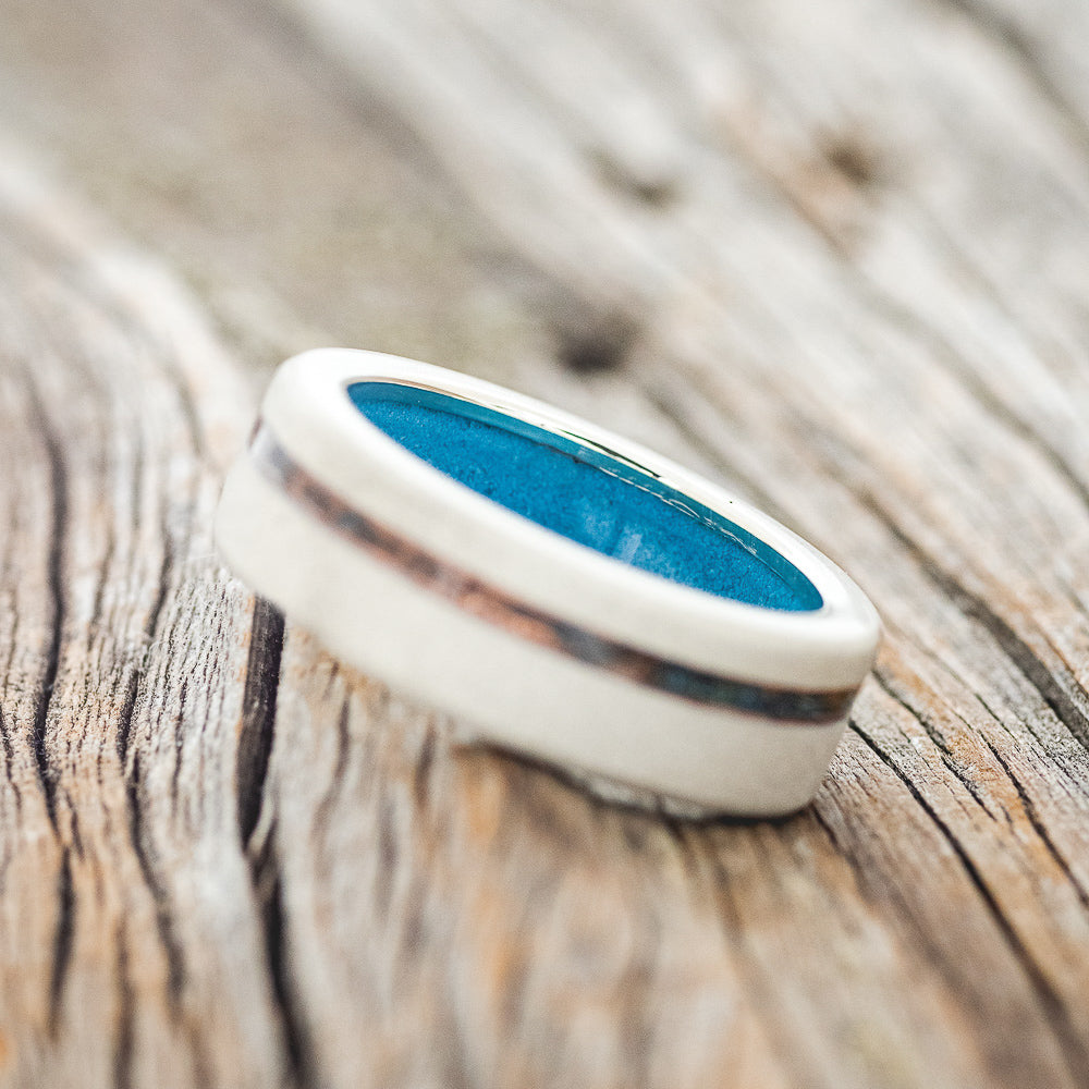 "VERTIGO" - PATINA COPPER INLAY WEDDING RING FEATURING A TURQUOISE LINING & SANDBLASTED FINISH-20