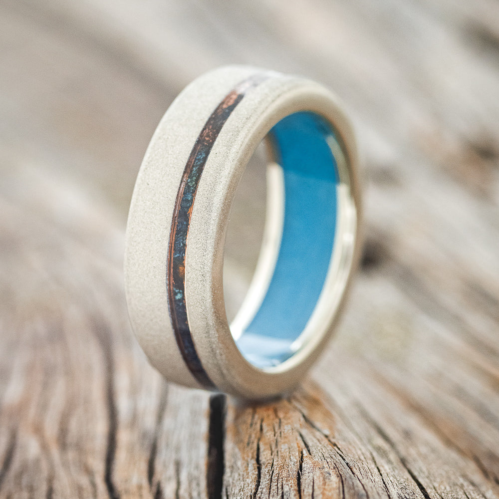 "VERTIGO" - PATINA COPPER INLAY WEDDING RING FEATURING A TURQUOISE LINING & SANDBLASTED FINISH-17