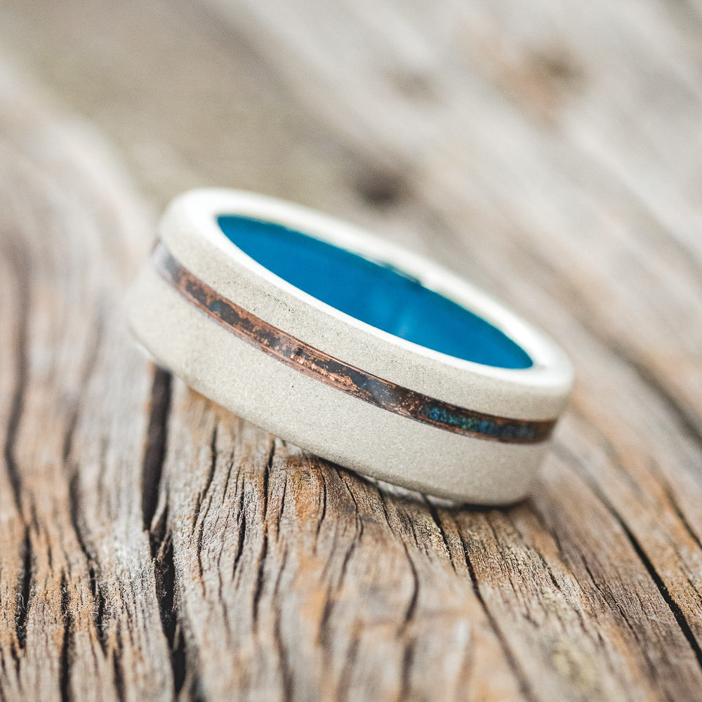 "VERTIGO" - PATINA COPPER INLAY WEDDING RING FEATURING A TURQUOISE LINING & SANDBLASTED FINISH-19