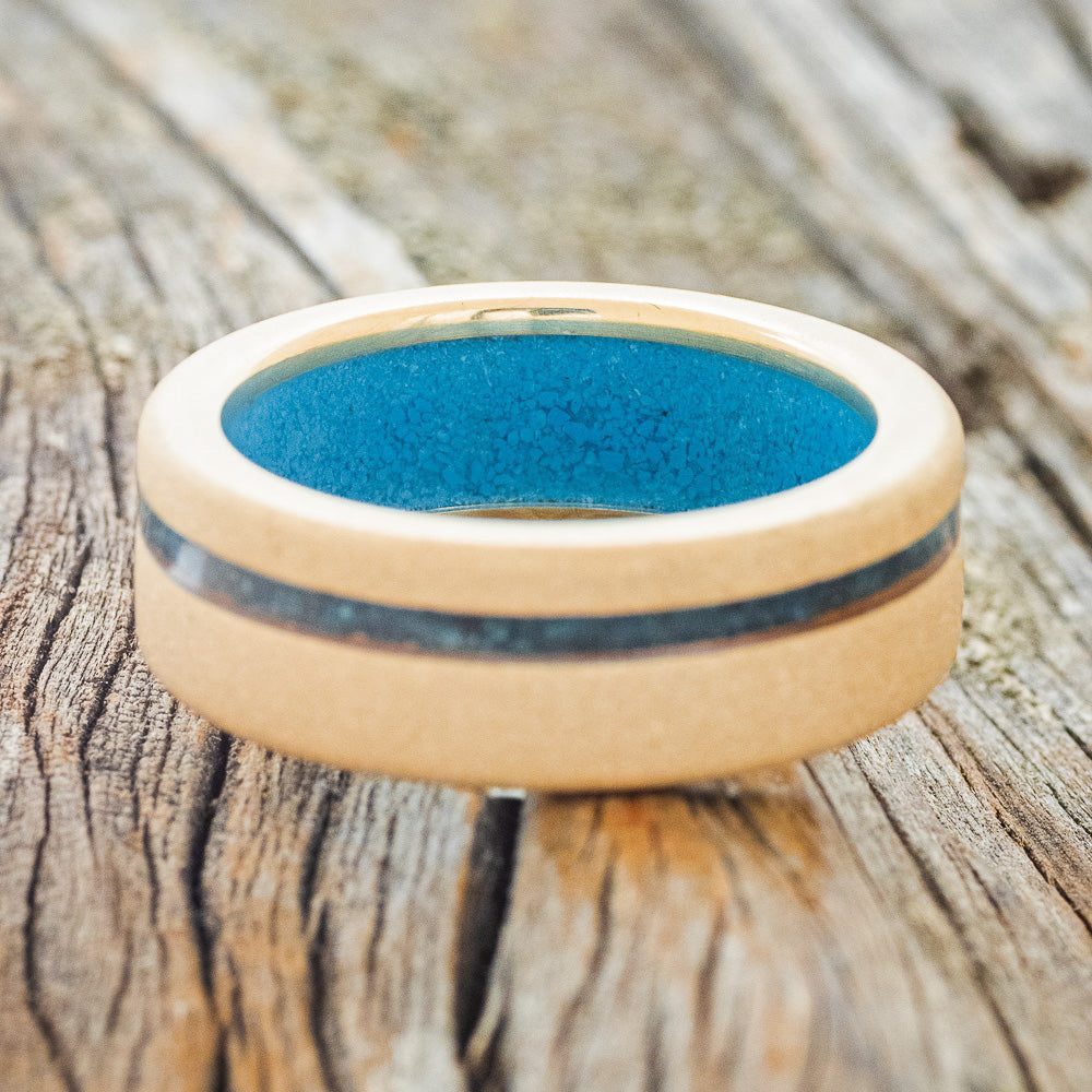 "VERTIGO" - PATINA COPPER INLAY WEDDING RING FEATURING A TURQUOISE LINING & SANDBLASTED FINISH-16