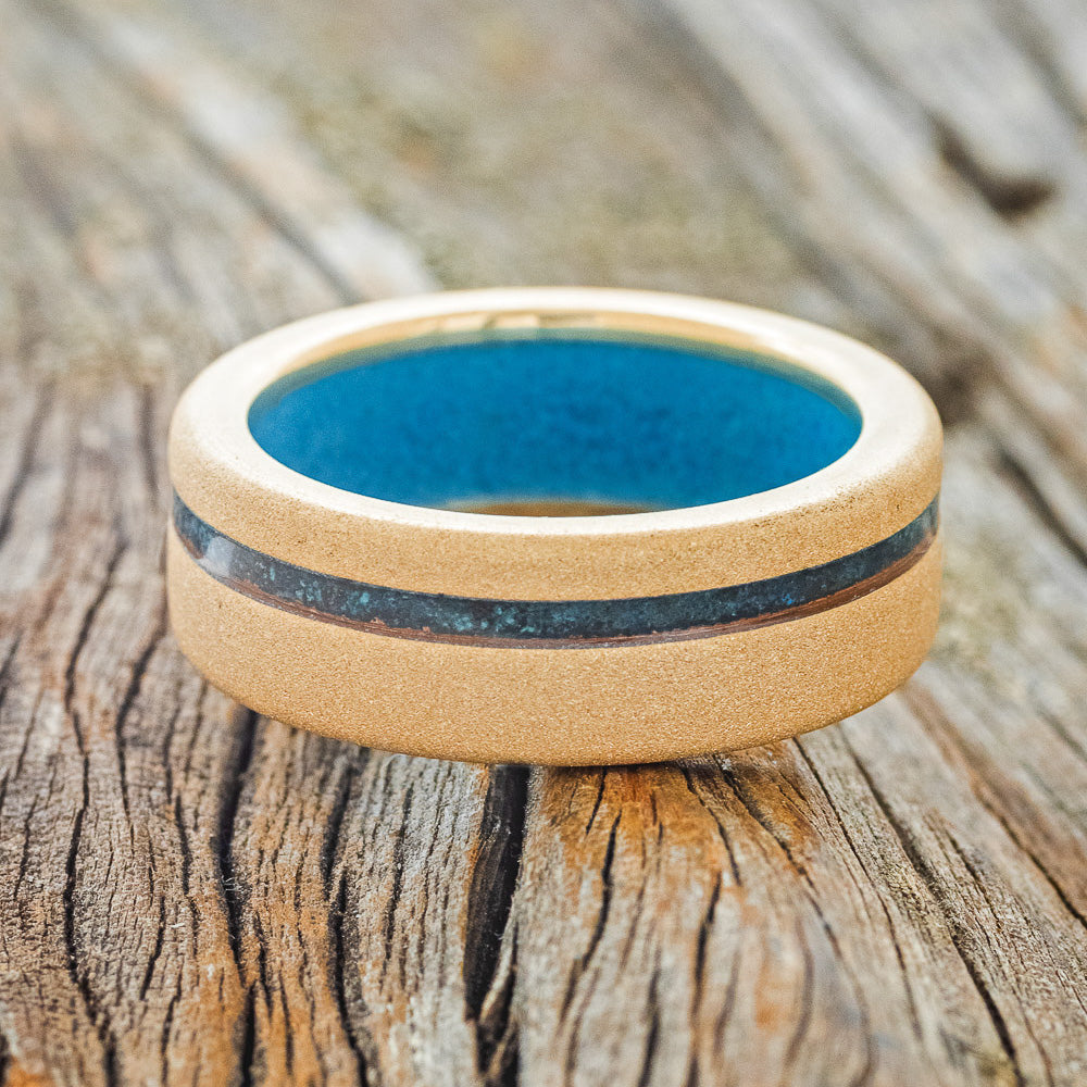 "VERTIGO" - PATINA COPPER INLAY WEDDING RING FEATURING A TURQUOISE LINING & SANDBLASTED FINISH-15