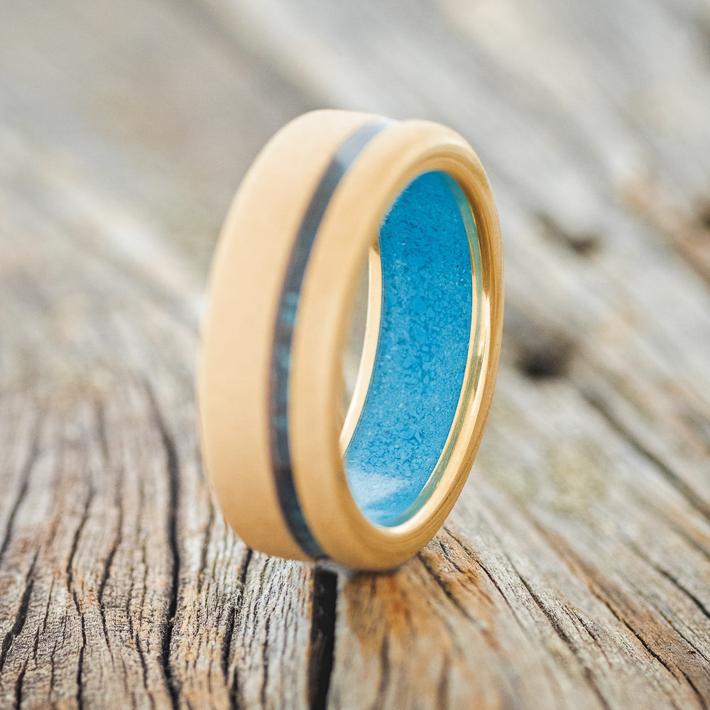 "VERTIGO" - PATINA COPPER INLAY WEDDING RING FEATURING A TURQUOISE LINING & SANDBLASTED FINISH-13