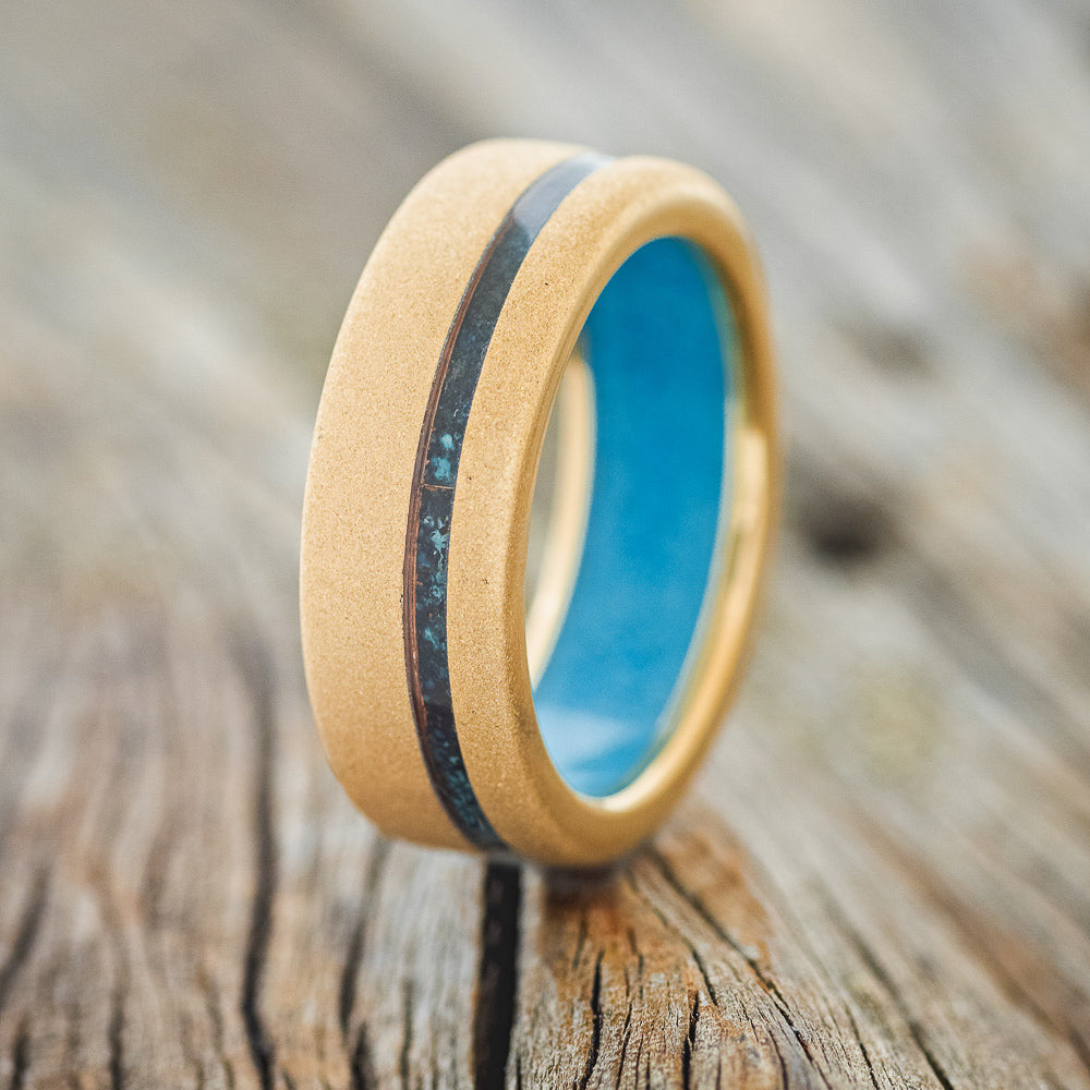 "VERTIGO" - PATINA COPPER INLAY WEDDING RING FEATURING A TURQUOISE LINING & SANDBLASTED FINISH-12