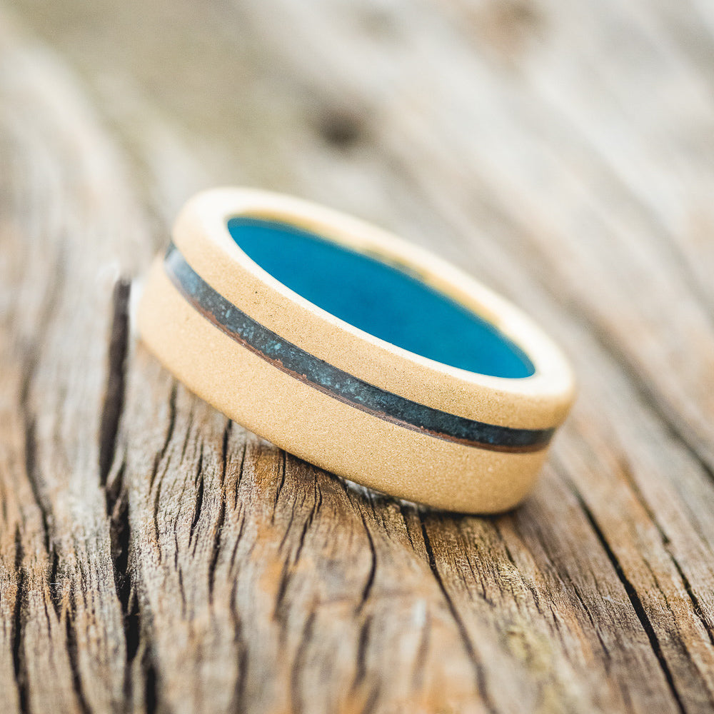 "VERTIGO" - PATINA COPPER INLAY WEDDING RING FEATURING A TURQUOISE LINING & SANDBLASTED FINISH-11