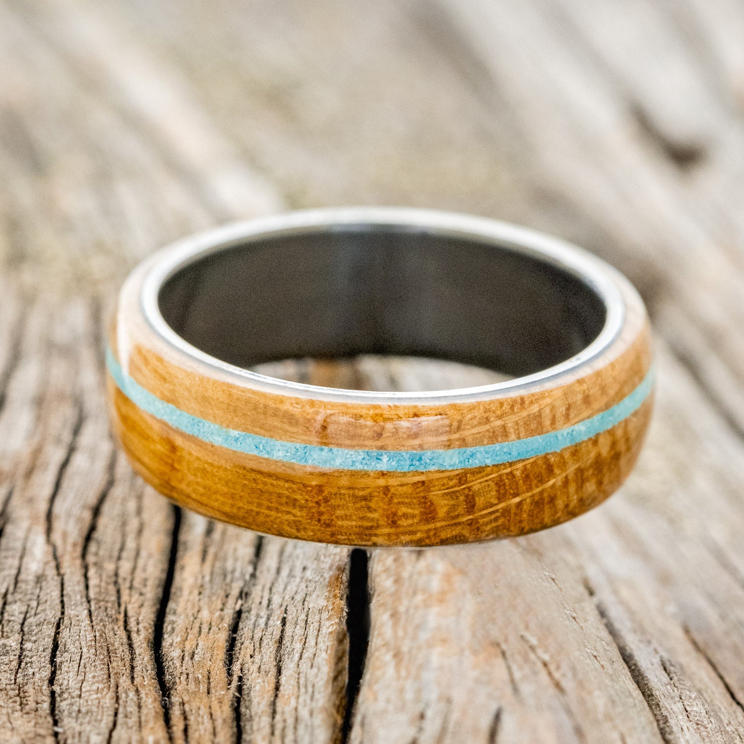 "REMMY" - WHISKEY BARREL OAK & TURQUOISE WEDDING BAND-6