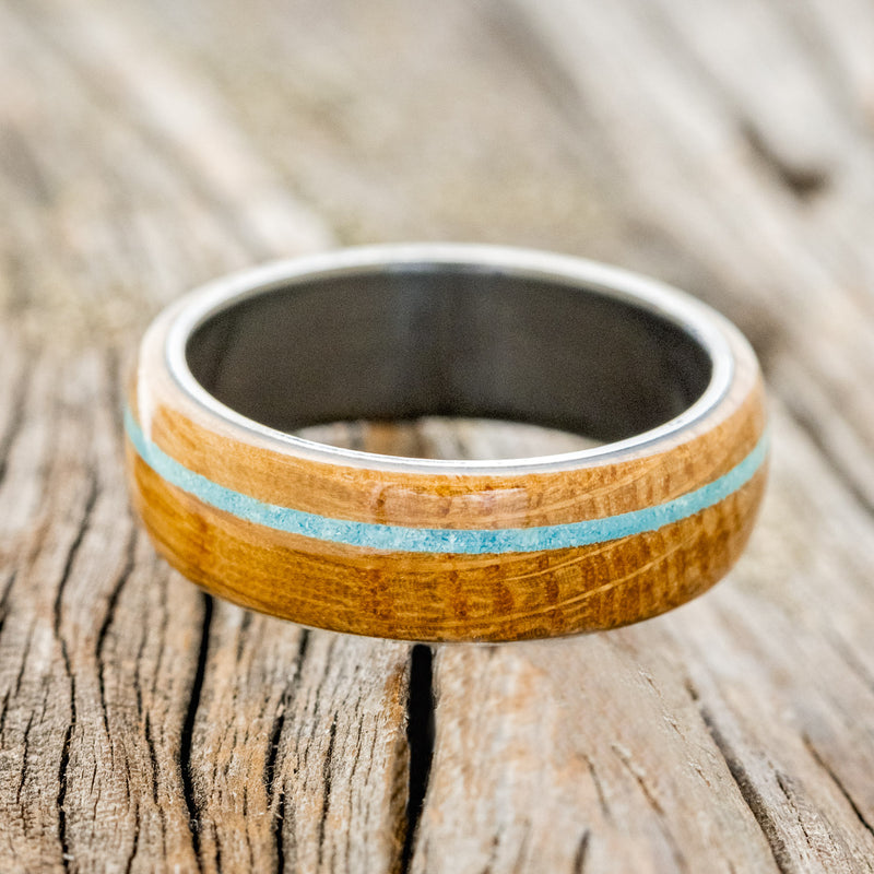 "REMMY" - WHISKEY BARREL OAK & TURQUOISE WEDDING BAND - READY TO SHIP-6