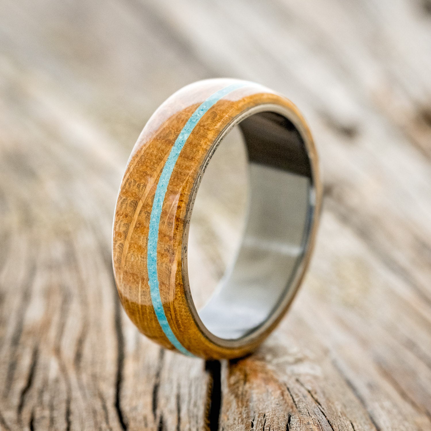 "REMMY" - WHISKEY BARREL OAK & TURQUOISE WEDDING BAND-4